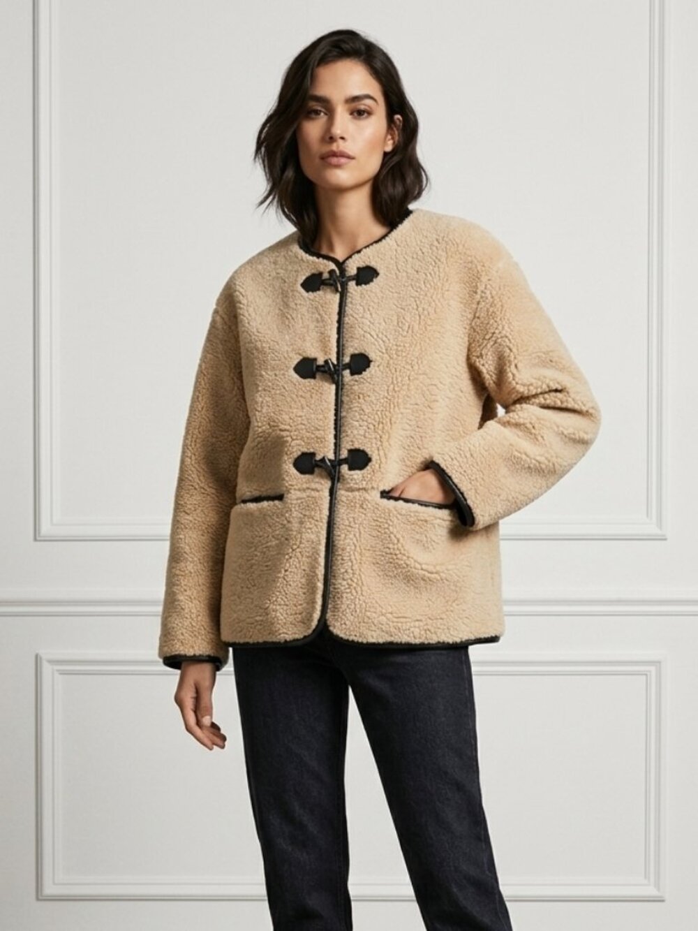 Faux Shearling Toggle Teddy Jacket Cream Black Trim, Size Small
